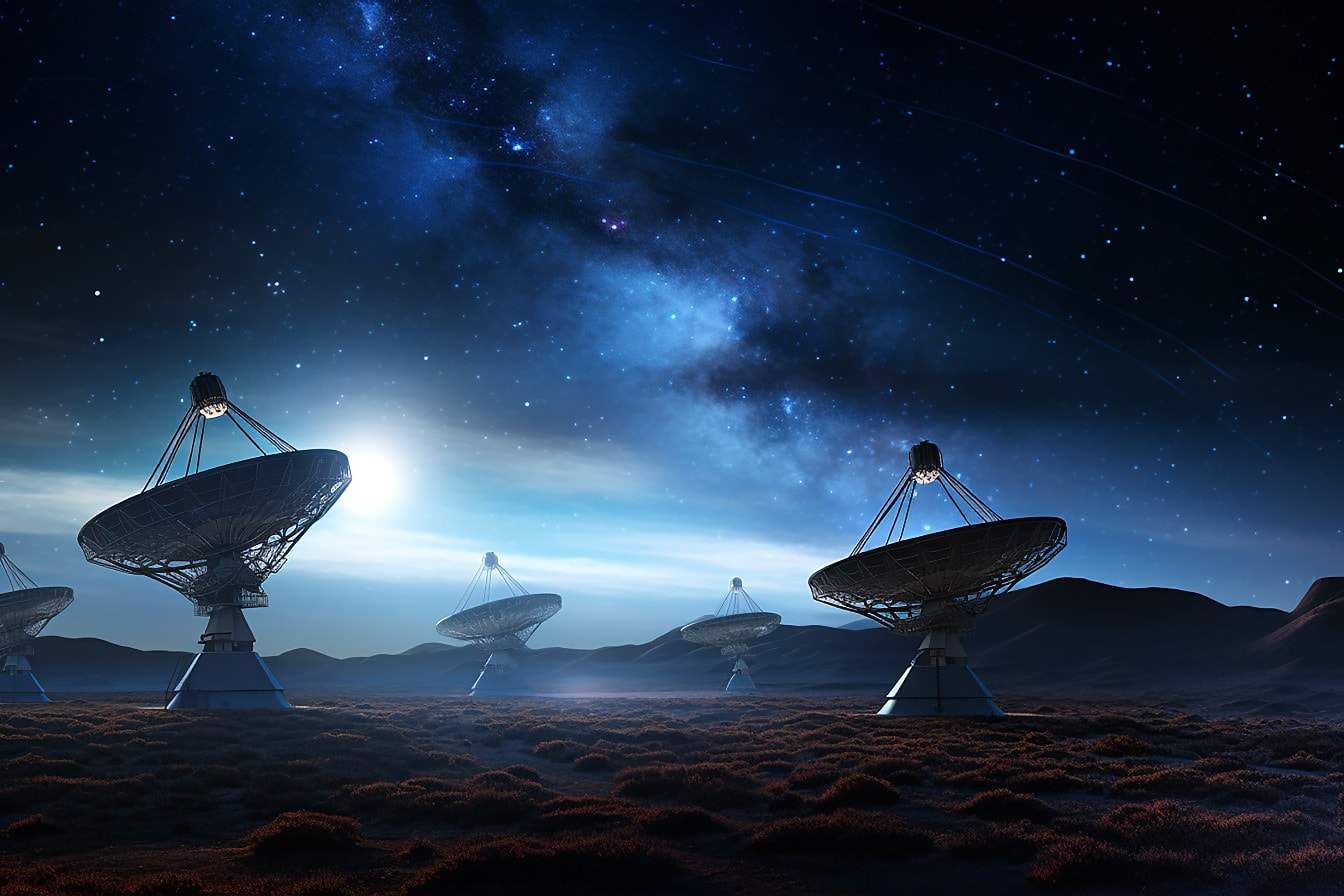 Rádiová anténa dalekohledu zkoumá vesmír v temně modré noci