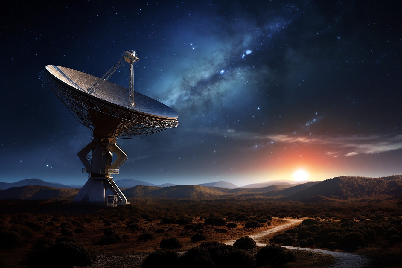 Silueta rádiové antény dalekohledu při východu slunce v pouštních horách