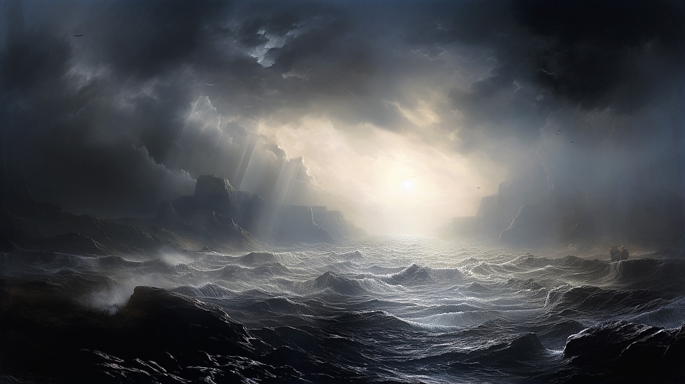Nuvens de tempestade azuis e cinzentas escuras dramáticas na ilustração gráfica da paisagem marítima