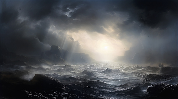 Dramatic dark blue and grey storm clouds on seascape graphic illsutration
