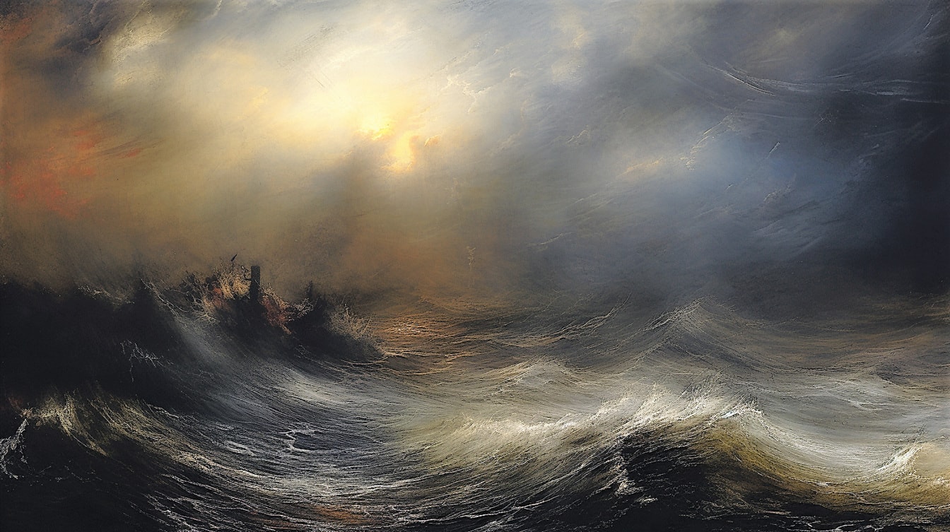 Viharszél az óceán horizontján nagy hullámokkal grafikus illusztráció