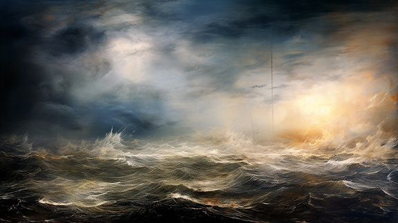 Old style graphic illustration of waves on horizon at storm weather