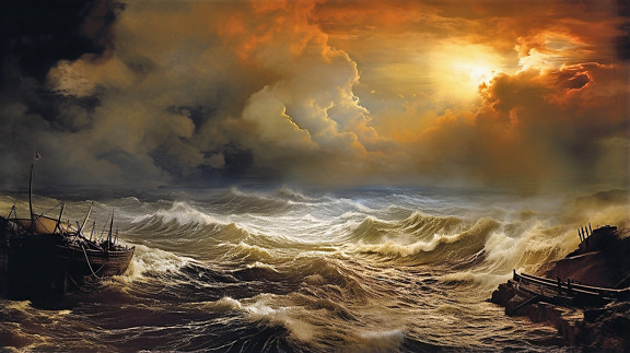 Minh họa aart đẹp về đống đổ nát của thuyền buồm trên bờ biển trong hoàng hôn với những đám mây đen