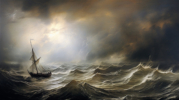 Ilustración de bellas artes de un velero en el horizonte con nubes oscuras de tormenta