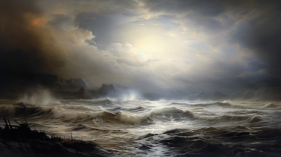 Mây bão trên bờ biển trong hình minh họa buổi tối