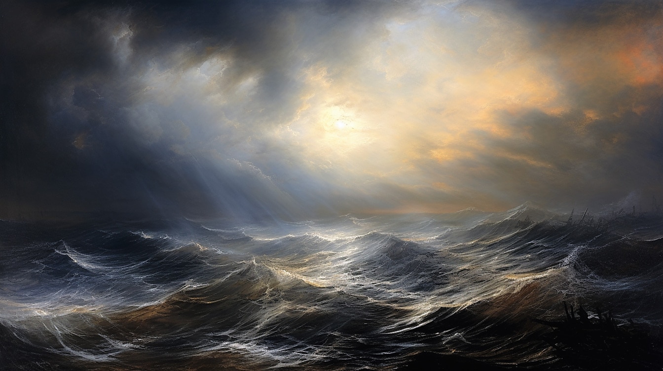 Illustration in fine arts style of waves on horizon with dark storm clouds
