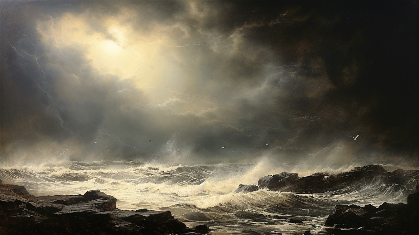 Ilustração de arte fina da paisagem marinha com nuvens escuras