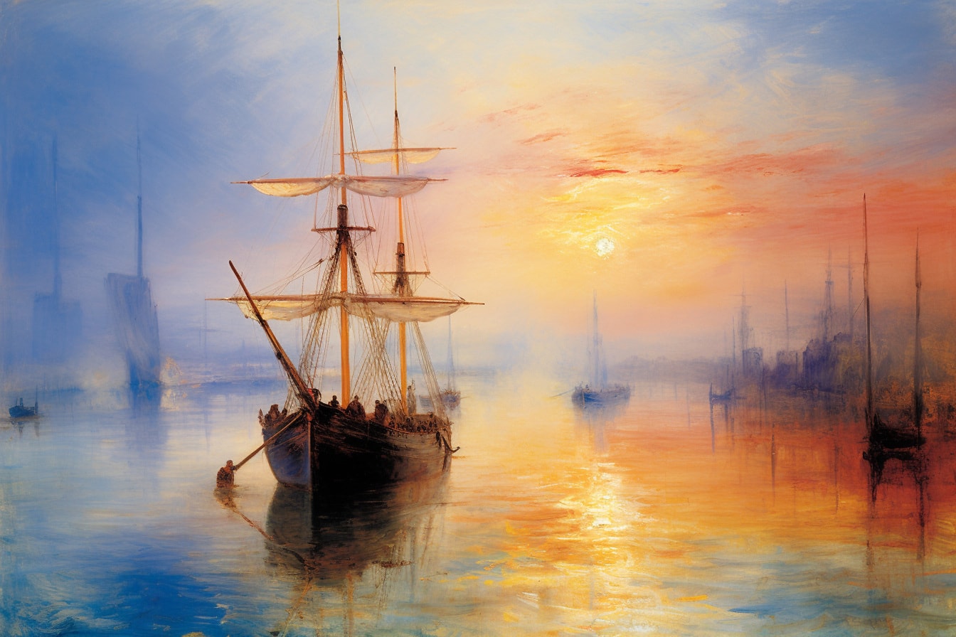 Ilustração gráfica colorida da pintura a óleo de navios à vela