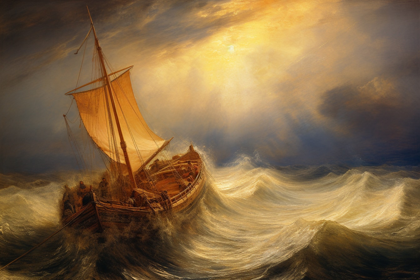 Pintura a óleo do veleiro de estilo antigo no oceano ao pôr do sol