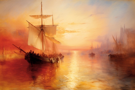 Graphic illustration of oil painting pirate ship at sunset in harbor
