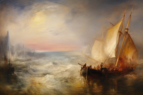 Иллюстрация старого пиратского корабля, плывущего по морю