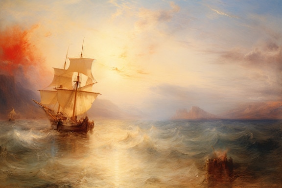 Old sailing ship on big waves on ocean oil painting graphic illustration