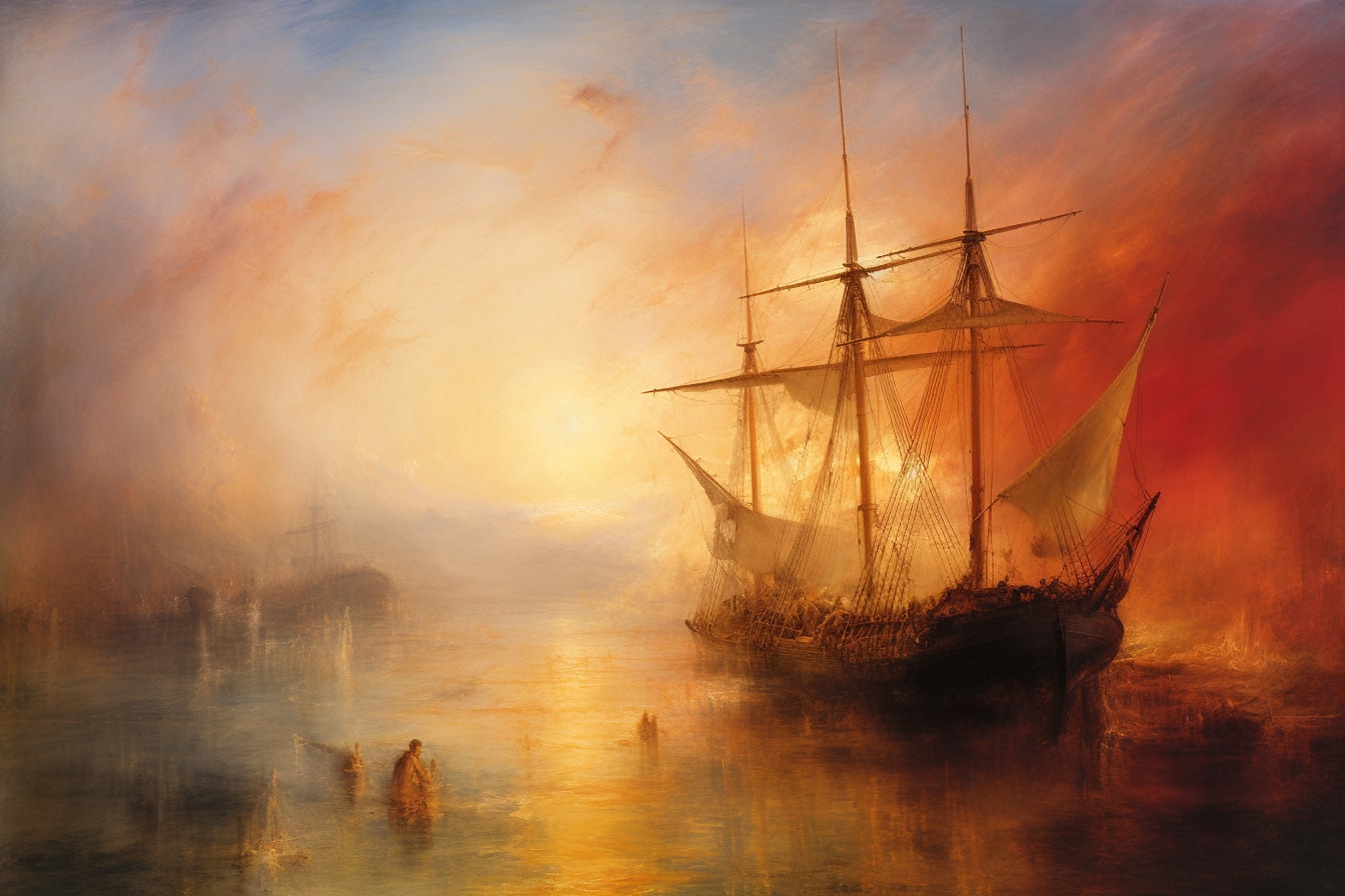 Navio pirata em chamas, belas artes, ilustração gráfica de estilo antigo