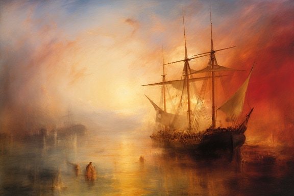 Pirate ship in flames fine art old style graphic illustration