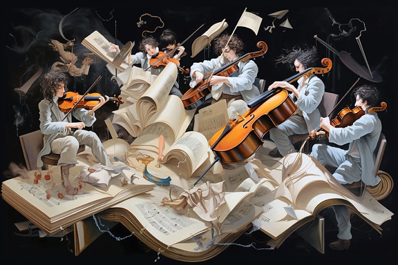 илюстрация, играя, музикант, музика, оркестър, цигулка, инструмент