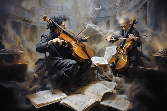 Illustration in oil painting style of musicians playing on concert