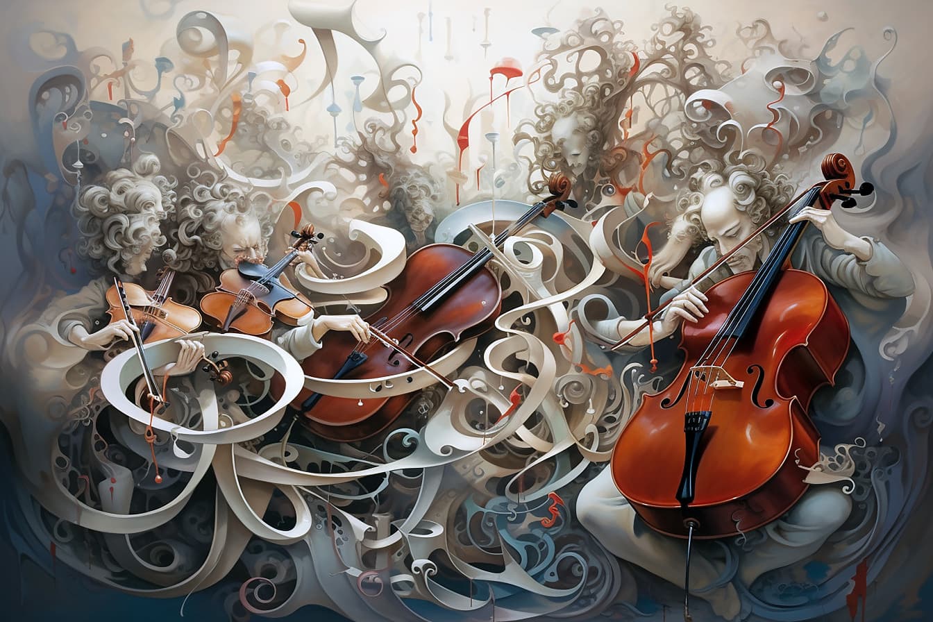 Surrealistische grafiek van muzikanten die in fantasieorkest vliegen