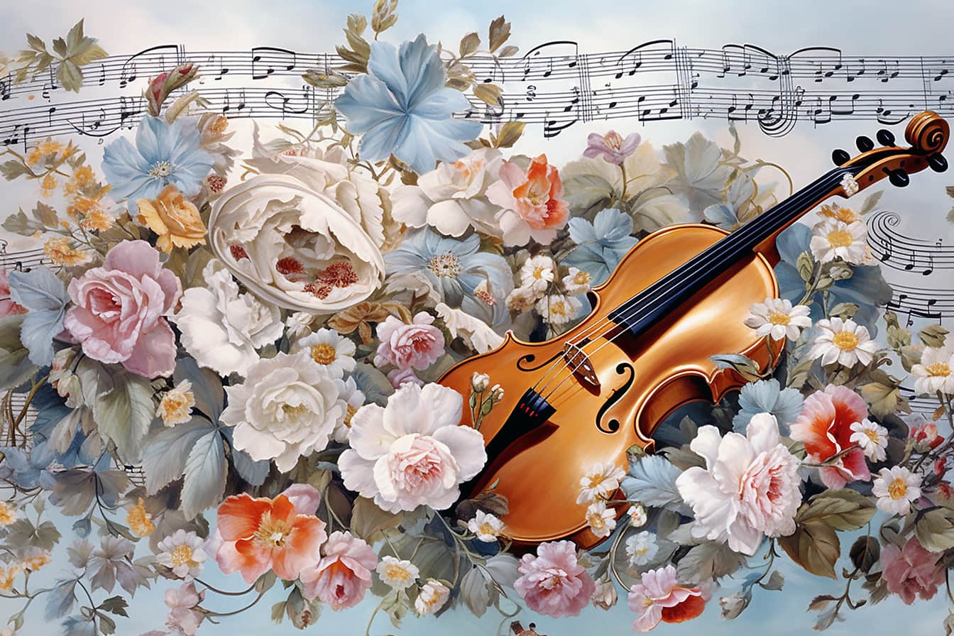 Ilustración vintage del instrumento de música de violín en flores blancas