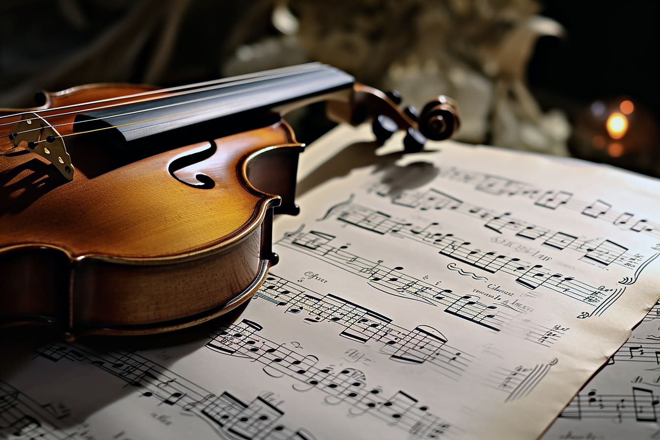 Strumento acustico di violino antico vecchio stile e taccuino di musica