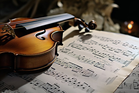 Akustyczny zabytkowy instrument skrzypcowy w starym stylu i notatnik muzyczny