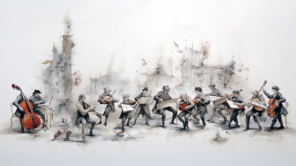 Сюрреалистическая иллюстрация концерта струнного оркестра художественная графика