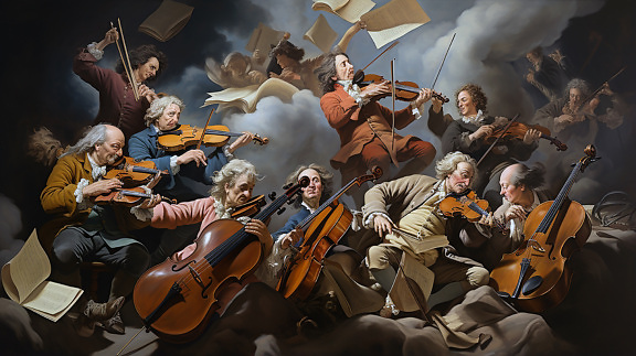 Illustration of string orchestra concert on Heaven in fine art style