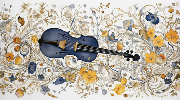 illustratie, wijnoogst, donker blauw, viool, bloemen, instrument, muziek