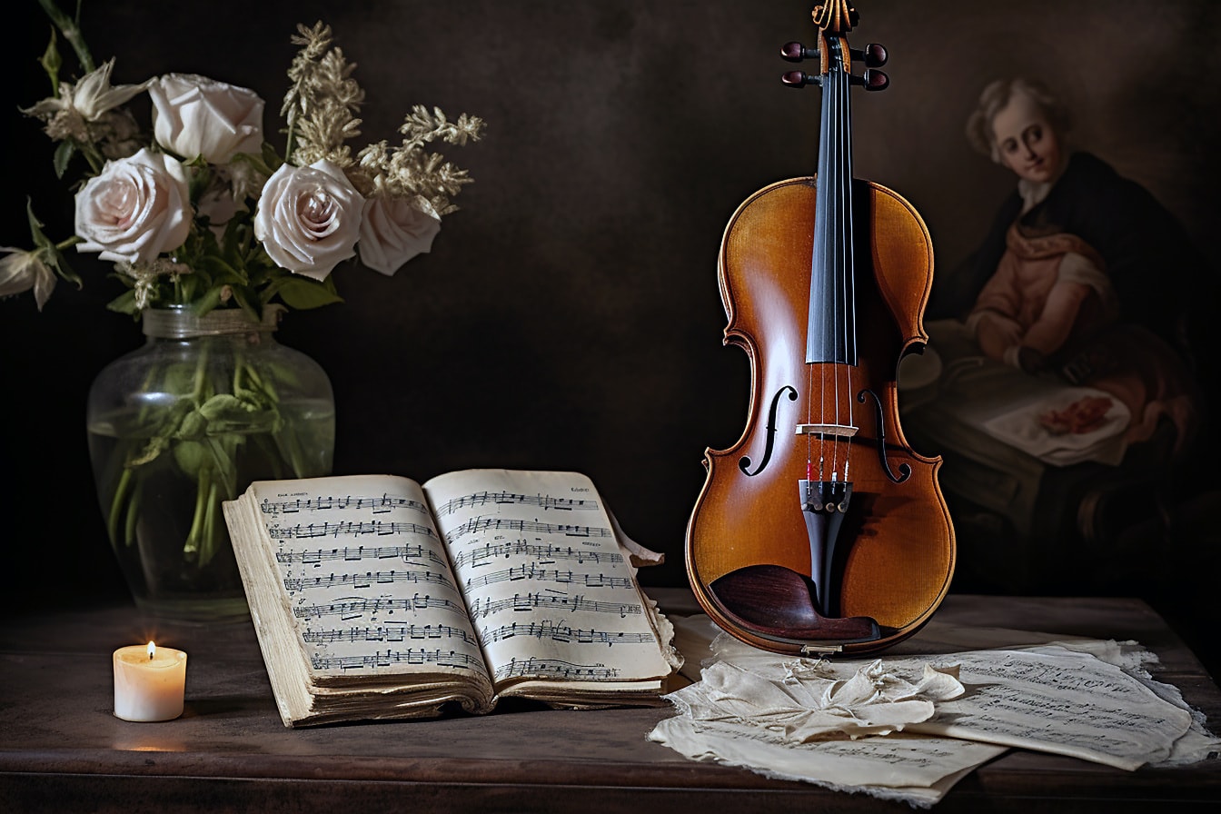 Antikt violininstrument med anteckningsbok i barockstil stilleben