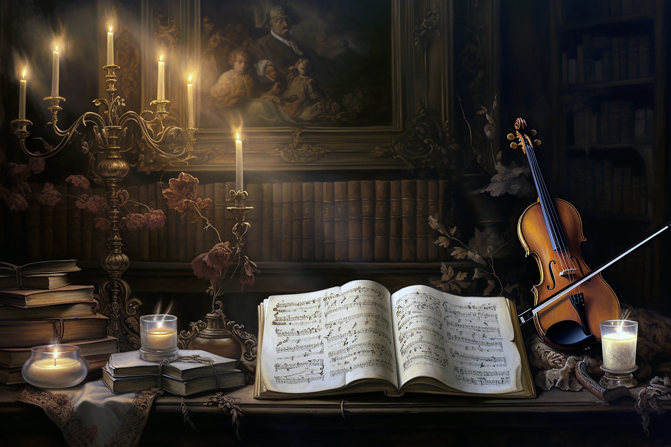 Stilleven grafische illustratie van vioolinstrument en notitieboekje onder kaarslicht