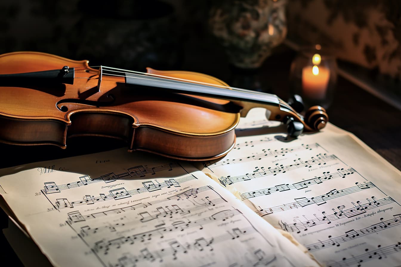 Vioară, instrument muzical antic și caiet muzical