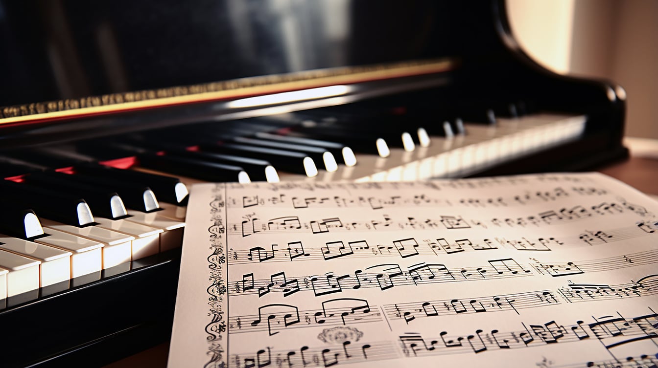 Tampilan close-up buku catatan musik dan instrumen piano