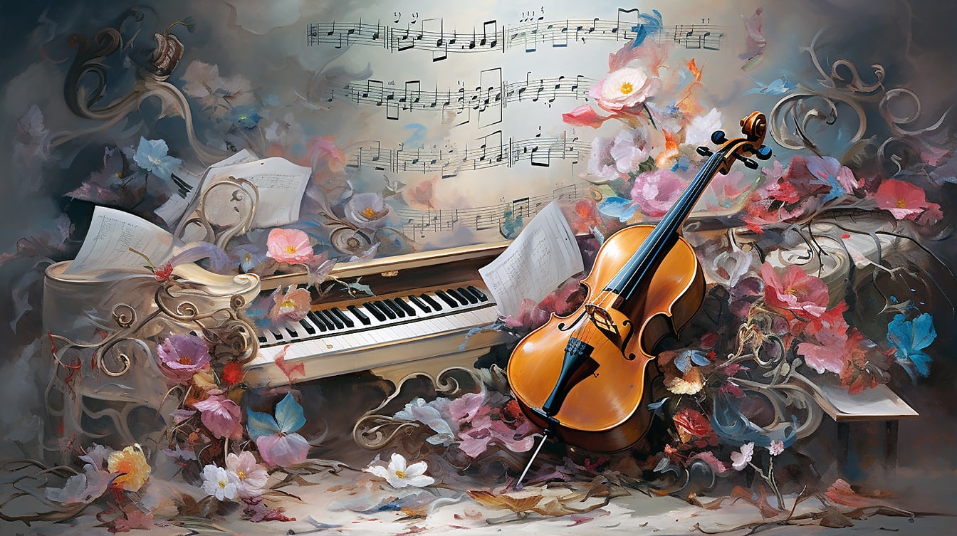 Kolorowa grafika vintage przedstawiająca skrzypce i instrumenty fortepianowe w kwiaty