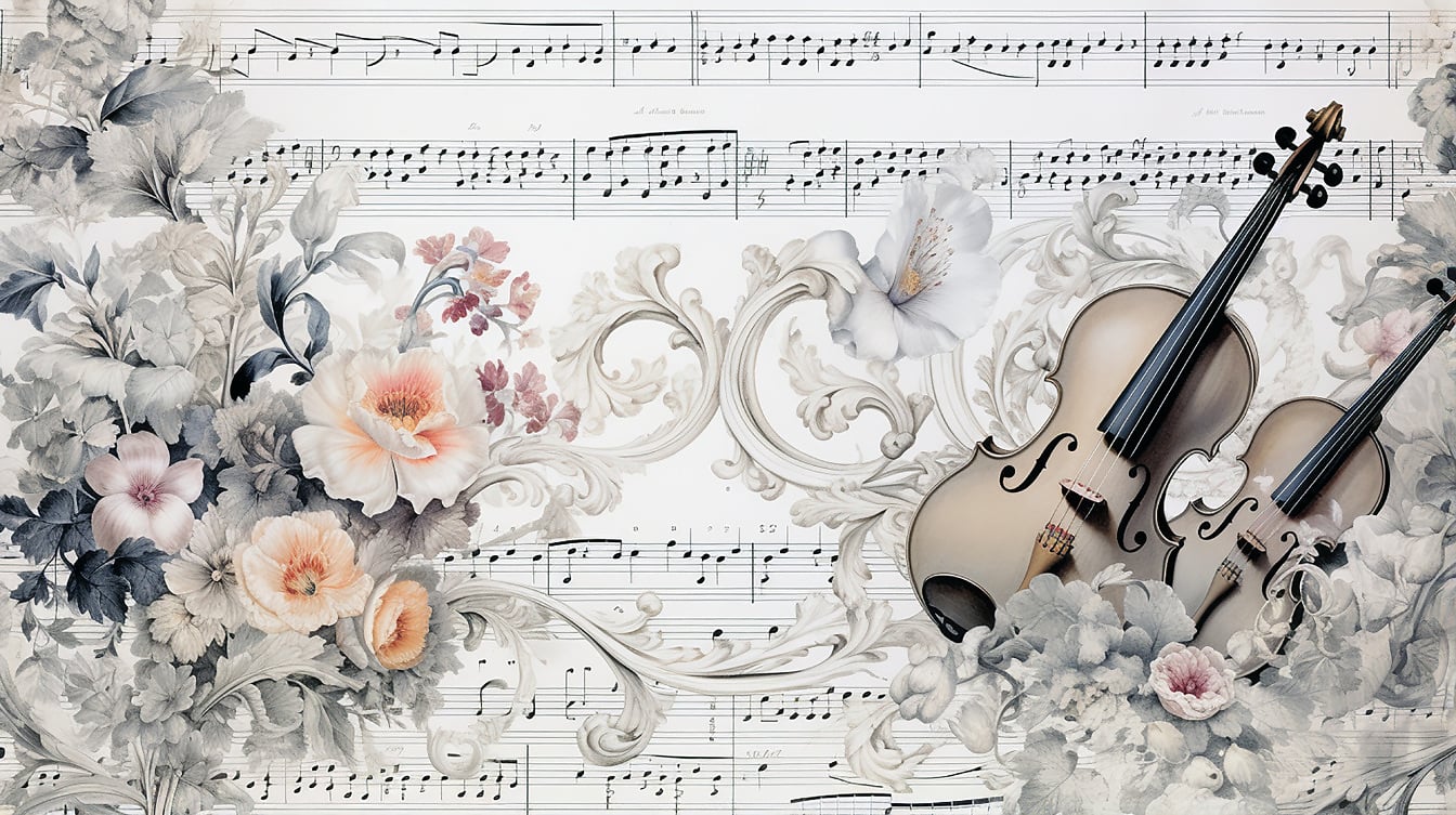 Vintage illusztráció hegedűhangszerekről és zenei jegyzetfüzet virágokkal
