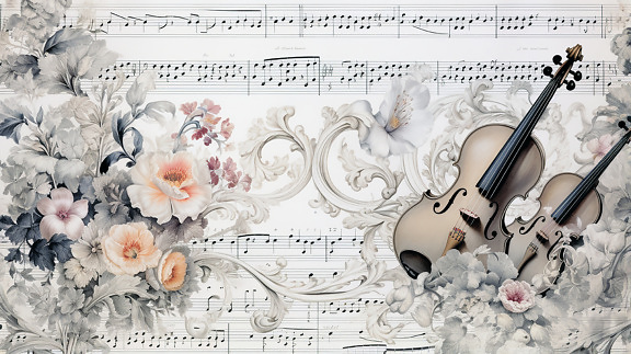 Vintage illustration of violin instruments and musical notebook with flowers