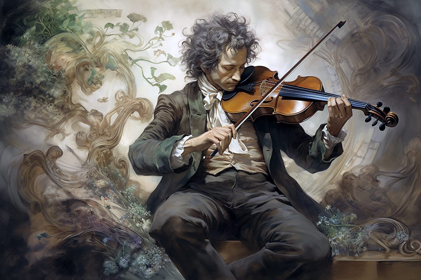 ヴァイオリンを弾くミュージシャンのイラスト、オールドスタイルのグラフィック