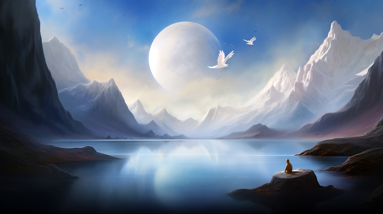 Surreale Lakeescape-Landschaft auf unbekanntem Planeten mit weißem Mond