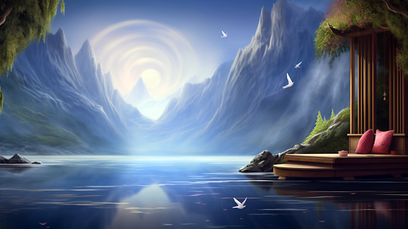 Surreal fantasy lakeside with white dove birds flying