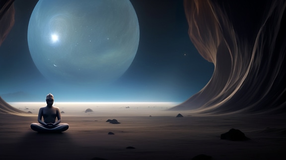 Illustration einer futuristischen Zen-Meditation auf einem surrealen Fantasy-Planeten