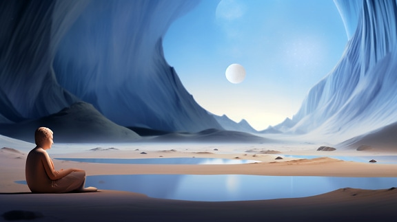 Surreale Grafik der Meditation einer Person auf einem blauen unbekannten Planeten
