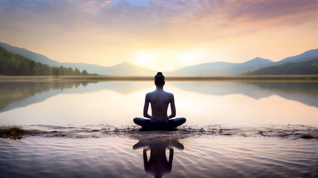 meditação, Asiáticos, pessoa, sentado, beira do lago, água, pôr do sol