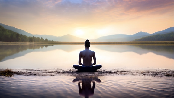 meditasjon, Asiatiske, person, sitter, innsjøen, vann, solnedgang