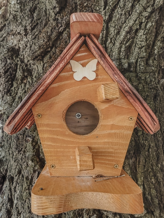 Old vintage wooden bird house hanging on tree trunk close-up