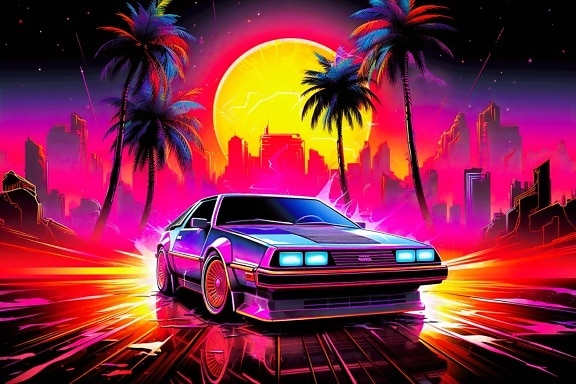 Carteles digitales de los 80 revisitados por el vibrante arte pop de los coches