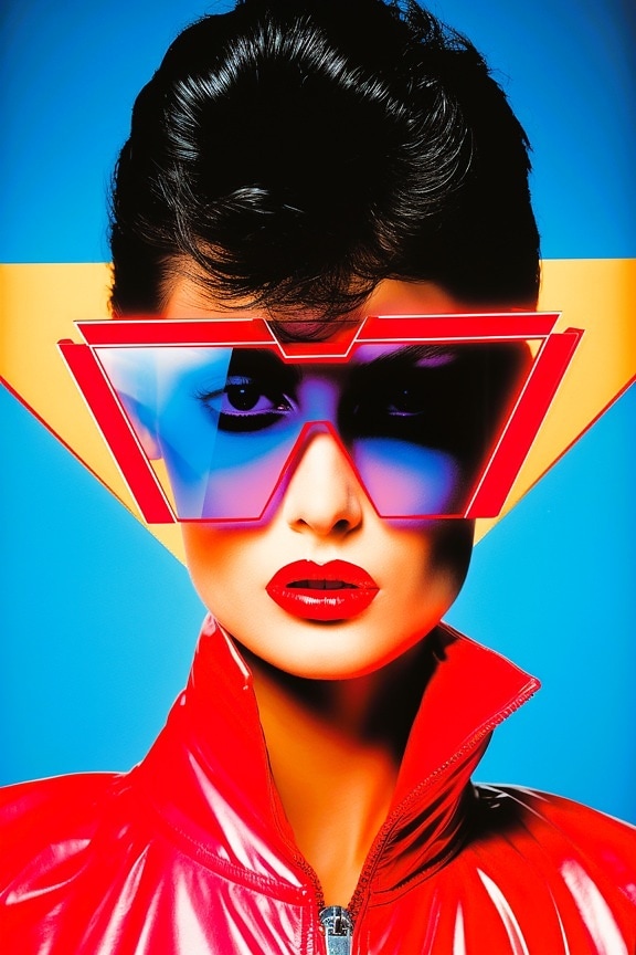 tamno crvena, glamur, naočale, pop-art, portret, žena, jakna