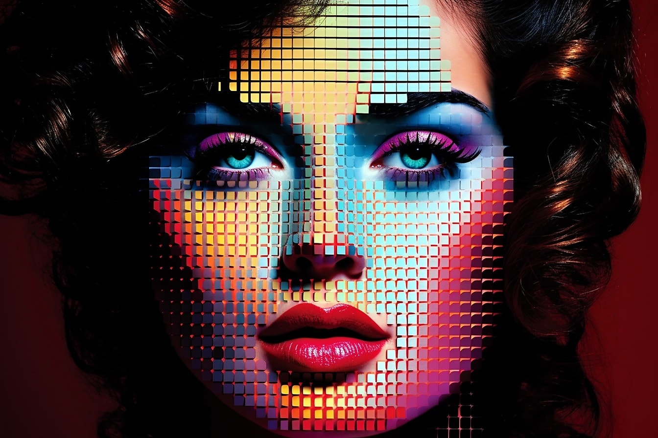 pikseli, pop-taide, muotokuva, nainen, digitaalinen, juliste, naamio