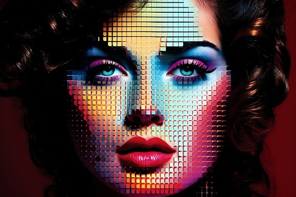 Pixelový pop-artový pohled ženy: Cesta digitálními plakáty 80. let
