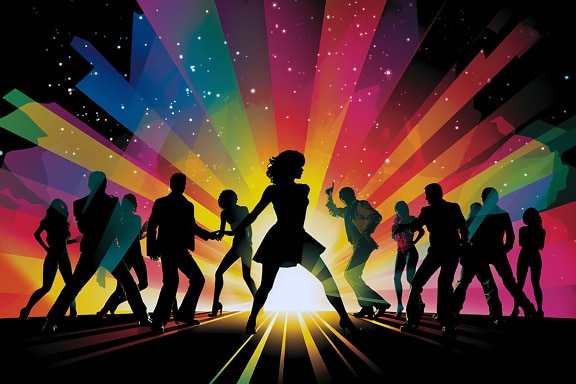Grafika hudobnej párty v štýle pop art so siluetou tanečníkov