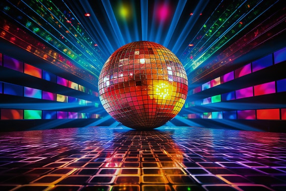 Golden shine disco ball with colorful laser light graphic illustration