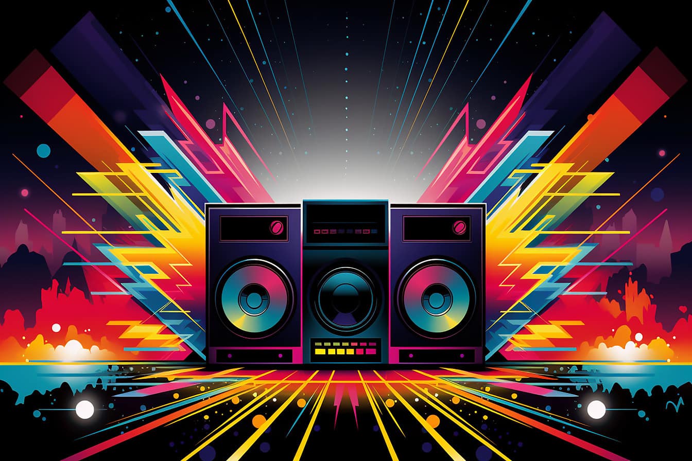 Farebný žiarivý boombox v pop-artovom grafickom štýle