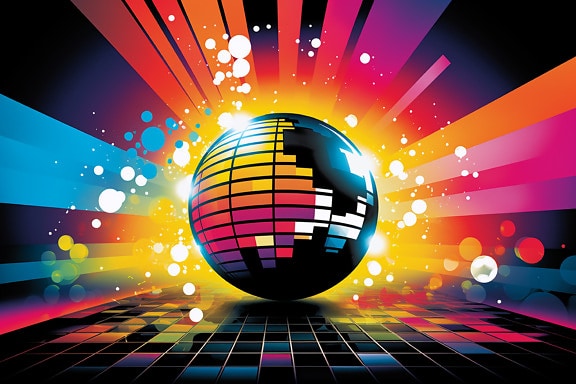 Illustrazione grafica colorata della palla del partito della discoteca di pop art